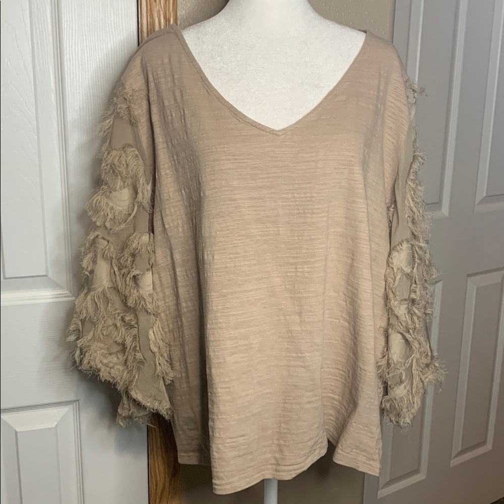 ANDTHEWHY Beige Blouse with Sheer Bell Sleeves and Fringe Size 2X